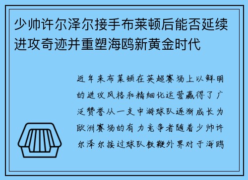 少帅许尔泽尔接手布莱顿后能否延续进攻奇迹并重塑海鸥新黄金时代 少帅许尔泽尔接手布莱顿后能否延续进攻奇迹并重塑海鸥新黄金时代
